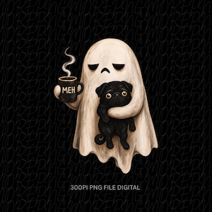 May include: A digital illustration of a beige ghost with a sad expression holding a black mug with the text MEH and a wisp of steam. The ghost is embracing a small black pug dog with large eyes. The background features repeating text.