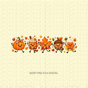 May include: A digital illustration featuring five anthropomorphic autumn characters: a pumpkin with a plaid bow, a mug of whipped cream, a maple leaf, an acorn, and a piece of candy corn, all wearing scarves and surrounded by falling leaves.