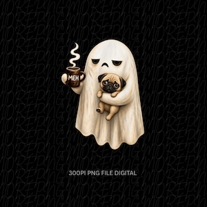 May include: A digital illustration of a white ghost with a sad expression holding a brown mug with the text MEH and steam rising from it. The ghost is cradling a small tan and black pug puppy. The background features repeating text.