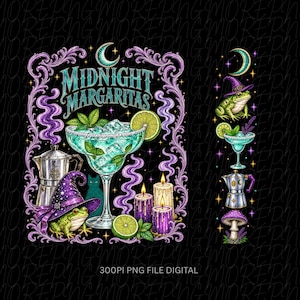 May include: A digital illustration featuring the text Midnight Margaritas, a margarita glass with lime slices, a moka pot, a frog wearing a purple witch hat, a black cat silhouette, and three lit candles, all framed by ornate purple swirls.