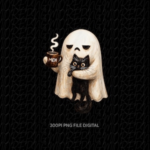 May include: A digital illustration of a white ghost with a bored expression holding a brown mug with the text MEH and a wisp of steam rising from it. The ghost is embracing a fluffy black cat with large eyes against a dark background.
