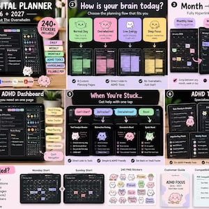 May include: A digital ADHD planner for 2026 and 2027 featuring a dark-themed interface with daily, weekly, and monthly views. The planner includes hyperlinked navigation, a tool library, 240 stickers, and compatibility with apps like GoodNotes.