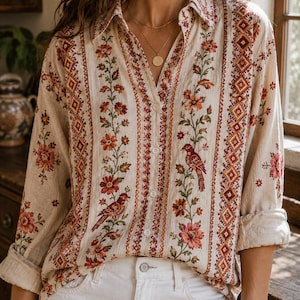 Puede incluir: Una camisa de manga larga con botones en tela beige claro, con rayas verticales de intrincados patrones florales e ilustraciones de pequeños pájaros en tonos rojo, naranja y verde, que cuenta con un cuello clásico.