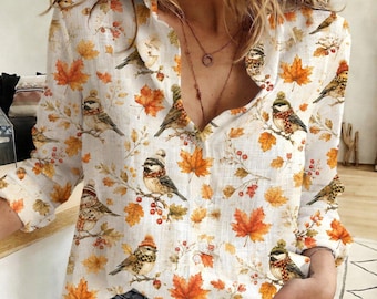 Autumn Bird Blouse, Fall Maple Leaf Button Up Shirt, Chickadee Floral Top, Woodland Bird Shirt, Thanksgiving Fall Outfit