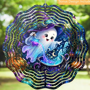 May include: A scalloped circular wind spinner featuring a ghost wearing a purple hat, pouring a glowing blue liquid from a star-shaped bottle into a dark cauldron. The design includes pumpkins, small spirits, and stars against a dark background.