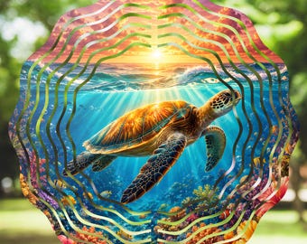 Sea Turtle Wind Spinner PNG, Tropical Ocean Sunset Sublimation Design, Coral Reef Garden Spinner, Coastal Decor Digital Download