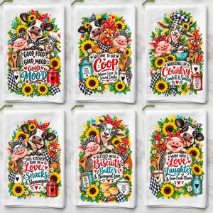 Könnte beinhalten: Sechs weiße Küchentücher mit farbenfrohen Illustrationen von Bauernhoftieren wie Kühen, Schweinen, Ziegen und Hühnern, umgeben von Sonnenblumen. Jedes Tuch zeigt einen individuellen Schriftzug wie Good Food Good Mood oder Welcome to Our Coop.