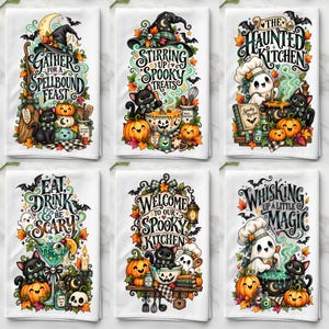 Può includere: Sei strofinacci da cucina bianchi con colorate illustrazioni di Halloween raffiguranti gatti neri, zucche, fantasmi e foglie autunnali. Ogni strofinaccio riporta un testo unico, tra cui Gather for a Spellbound Feast, Stirring up Spooky Treats, The Haunted Kitchen, Eat Drink & Be Scary, Welcome to our Spooky Kitchen e Whisking up a Little Magic.