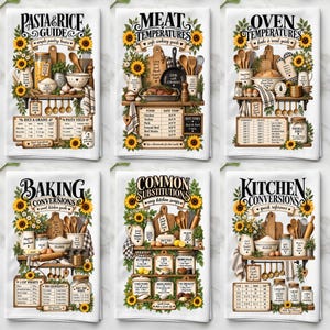 Op de afbeelding: Een set van zes witte keukendoeken met zonnebloemranden en instructietabellen voor pasta en rijst, vleestemperaturen, oventemperaturen, bakconversies, algemene vervangingen en keukenconversies met gedrukte tekst.