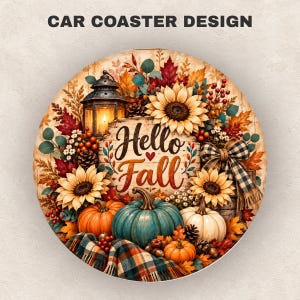 Puede incluir: Un posavasos circular para coche con el texto Hello Fall, un farol encendido, girasoles, calabazas en naranja, verde azulado y blanco, hojas de otoño, bayas, piñas y un lazo a cuadros, con un patrón de tela a cuadros en la base.