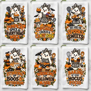 May include: Six white kitchen towels featuring cartoon ghosts wearing black and white checkered bows and aprons. Each towel displays Halloween-themed illustrations of pumpkins, cupcakes, and baking tools with text including Pumpkin Spice & Everything Nice.
