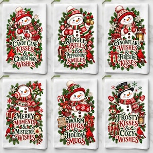 May include: Six white rectangular kitchen towels featuring festive snowman illustrations, evergreen branches, red cardinals, and holiday text including Candy Cane Kisses, Jingle Bells, Snowflake Wishes, Merry Moments, Warm Hugs, and Frosty Kisses.