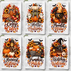 May include: Six white kitchen towels featuring autumn-themed illustrations. Designs include Cozy Cider, Hello Autumn, Moonlit Brews, Harvest Glow, Pumpkin Patch, and Witchy Welcome, decorated with pumpkins, sunflowers, lanterns, and fall foliage.