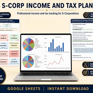 Könnte beinhalten: Ein digitaler US S-Corp Einkommens- und Steuerplaner auf einem Laptop-Bildschirm mit automatisch aktualisierenden Diagrammen, einer Steueraufschlüsselung und einem Sparrechner, inklusive Tortendiagrammen, Balkengrafiken und Finanztabellen.