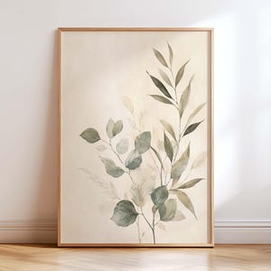 Tryck av eukalyptusgren med pil, botanisk poster med salviabrun färg, väggkonst med fokus på naturen, minimalistisk lantlig inredning