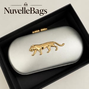Silver Metallic Clutch Bag | Gold Panther Emblem, Hard Shell Evening Purse