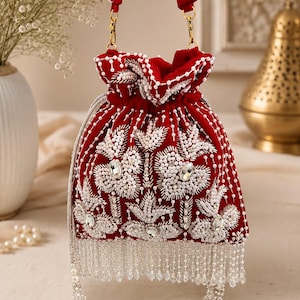 Red Velvet Potli Bag | Pearl Crystal Embroidered Bridal Purse | Indian Wedding Drawstring Bag
