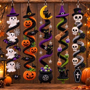 May include: Five hanging crochet decorations featuring Halloween themes: white ghosts with spiderwebs, orange pumpkins with bats, a yellow moon with black cats, a witch hat with potion bottles, and white skulls with black roses and a coffin.