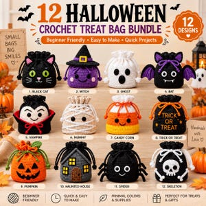 Puede incluir: Un conjunto de 12 bolsas de ganchillo para dulces de Halloween con diseños de gato negro, bruja, fantasma, murciélago, vampiro, momia, maíz dulce, bolsa de truco o trato, calabaza, casa encantada, araña y esqueleto.