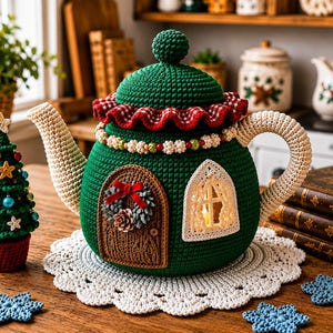 May include: A dark green crochet teapot cozy shaped like a cottage with a brown door, a wreath, and a white window. It features a red and white ruffled trim, a beige spout and handle, and sits on a white doily next to a small crochet Christmas tree.