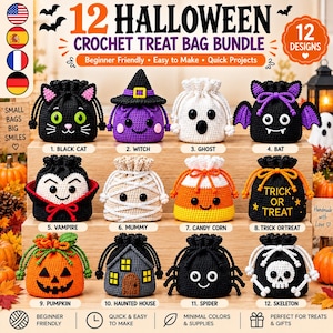 May include: A collection of 12 crochet treat bags featuring Halloween designs including a black cat, witch, ghost, bat, vampire, mummy, candy corn, trick or treat bag, pumpkin, haunted house, spider, and skeleton, all arranged on a wooden display.