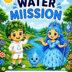 Op de afbeelding: Een kleurrijke poster getiteld Planet Pals Water Miission met een groenharig personage in een witte hoodie, een blauwharige prinses in een blauwe jurk met een staf, en een kleine blauwe waterdruppel in een boslandschap.