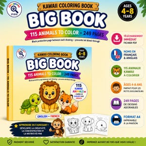 May include: A Kawaii Coloring Book titled Big Book featuring 115 animals to color across 249 pages. The cover displays a cartoon turtle, lion, and fox. It includes a black protection page between drawings, is for ages 4-8, and contains English and French text.