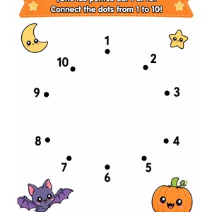 May include: A connect-the-dots activity sheet featuring numbers 1 through 10 arranged in a circle. The page includes an orange header with the text "&iexcl;Une los puntos del 1 al 10! Connect the dots from 1 to 10!" and illustrations of a moon, star, bat, and pumpkin.