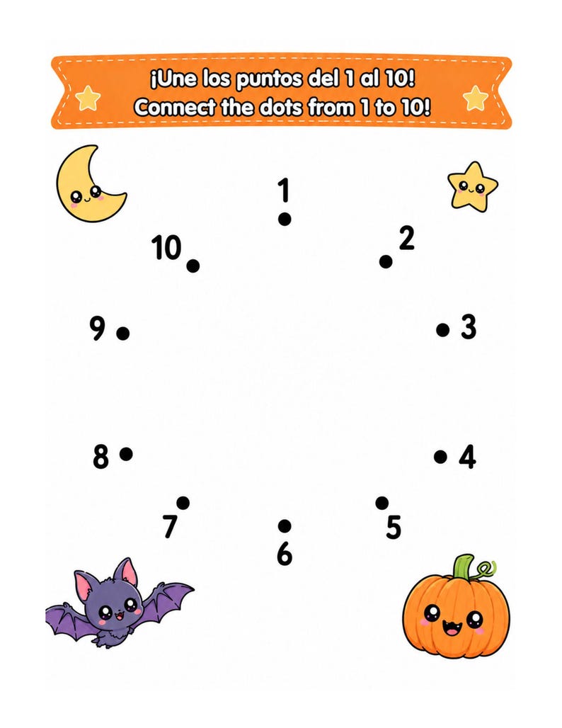 May include: A connect-the-dots activity sheet featuring numbers 1 through 10 arranged in a circle. The page includes an orange header with the text "&iexcl;Une los puntos del 1 al 10! Connect the dots from 1 to 10!" and illustrations of a moon, star, bat, and pumpkin.
