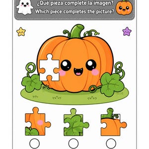 May include: A printable activity sheet featuring a cartoon orange pumpkin with a smiling face and pink cheeks. The pumpkin has a missing puzzle piece section. Below are three puzzle piece options to choose from to complete the image.