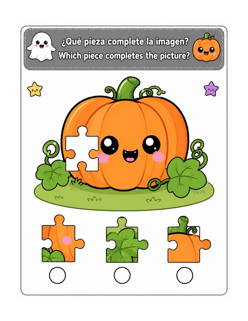 May include: A printable activity sheet featuring a cartoon orange pumpkin with a smiling face and pink cheeks. The pumpkin has a missing puzzle piece section. Below are three puzzle piece options to choose from to complete the image.