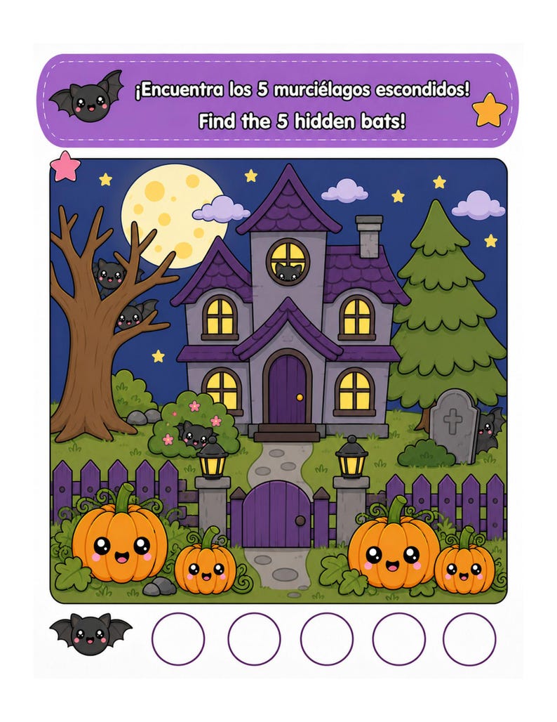 May include: A colorful activity sheet featuring a haunted house scene at night with a full moon, trees, a tombstone, and four smiling pumpkins. The text reads: &iexcl;Encuentra los 5 murci&eacute;lagos escondidos! Find the 5 hidden bats! Five circles are at the bottom.