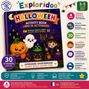 May include: A bilingual English-Spanish Halloween activity book for children aged 3-5. The cover features a cartoon pumpkin, a ghost, a bat, and a witch with a cauldron. Text includes "HALLOWEEN ACTIVITY BOOK," "30 ACTIVIDADES L&Uacute;DICAS," and "LEARN WHILE HAVING FUN!"