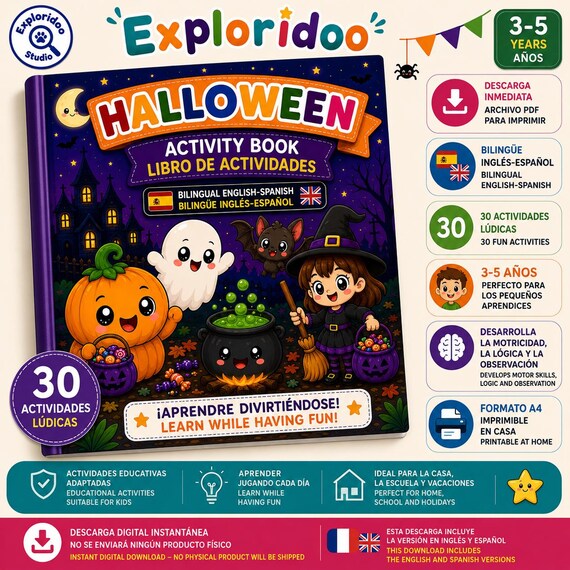 Halloween Activity Book PDF | Libro de Actividades de Halloween | English & Spanish Bilingual | Printable Preschool Activities | Ages 3–5