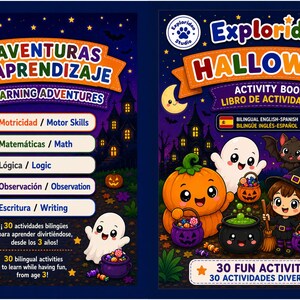 May include: Two bilingual activity books titled 5 Aventuras de Aprendizaje and Exploridoo Halloween. The covers feature cartoon pumpkins, ghosts, a witch, and a bat against a night sky. Text includes 30 Fun Activities and age 3-5 years.