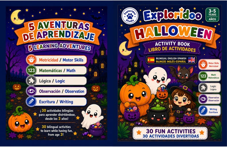 May include: Two bilingual activity books titled 5 Aventuras de Aprendizaje and Exploridoo Halloween. The covers feature cartoon pumpkins, ghosts, a witch, and a bat against a night sky. Text includes 30 Fun Activities and age 3-5 years.