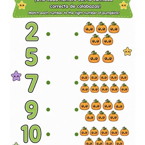 May include: An educational worksheet featuring a matching activity with the text '&iexcl;Une cada n&uacute;mero con la cantidad correcta de calabazas!' and 'Match each number to the right number of pumpkins!'. It displays numbers 2, 5, 7, 9, 10 and groups of orange pumpkins.