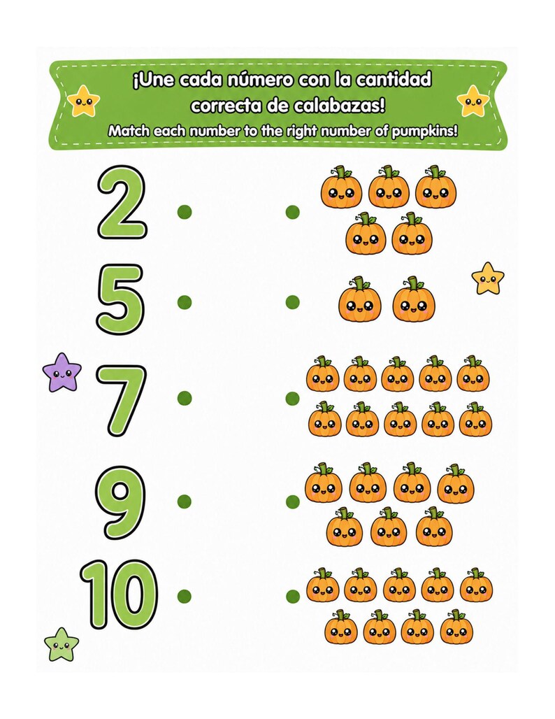 May include: An educational worksheet featuring a matching activity with the text '&iexcl;Une cada n&uacute;mero con la cantidad correcta de calabazas!' and 'Match each number to the right number of pumpkins!'. It displays numbers 2, 5, 7, 9, 10 and groups of orange pumpkins.