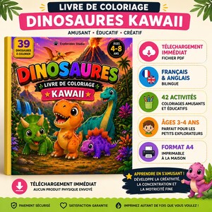 May include: A digital coloring book cover titled DINOSAURES KAWAII featuring a colorful illustration of four cartoon dinosaurs in a prehistoric jungle with a volcano. The cover displays text including 39 DINOSAURES A COLORIER and AGES 4-8 ANS.