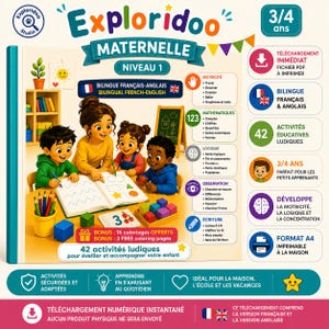 May include: A bilingual French-English educational activity book for children aged 3-4, titled Exploridoo Maternelle Niveau 1. The cover features an illustration of an adult and three children working on learning exercises, including writing, math, and logic.