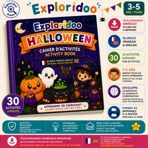 May include: A bilingual French-English Halloween activity book titled Exploridoo featuring a dark purple cover with a cartoon pumpkin, ghost, bat, and witch. The cover includes the text 30 Activités Ludiques and Apprendre en s'amusant. The design includes icons for 30 activities, 3-5 years age range, and A4 format.