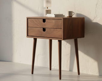 Solid Walnut Nightstand, Mid Century Bedside Table, 2 Drawer End Table