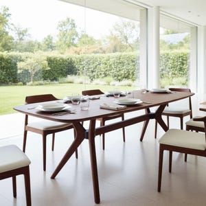 May include: A rectangular wooden dining table with rounded corners and angled legs, surrounded by six wooden chairs featuring white upholstered seats. The table is set with white plates, clear glasses, and silverware for a formal dining arrangement.