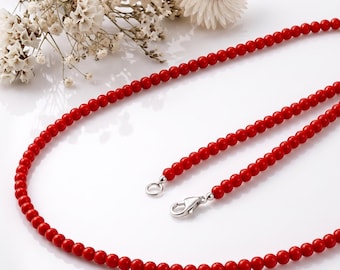 Natural Red Coral Beaded Necklace, 3-4mm Smooth Round Tiny Gemstone Choker Jewelry, Christmas Gift