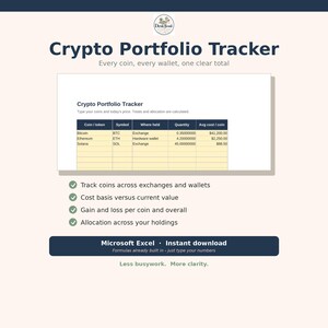 May include: A digital Crypto Portfolio Tracker spreadsheet template for Microsoft Excel. The interface displays columns for coin, symbol, location, quantity, and average cost. Features include tracking across wallets, gain and loss calculations, and asset allocation.