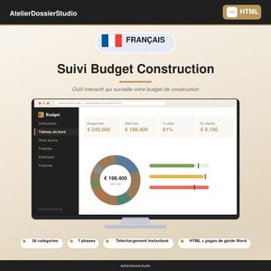 May include: A digital construction budget tracking dashboard displayed on a computer monitor. The interface features a sidebar with categories, a central donut chart, progress bars, and financial data fields labelled Budget total, Réel total, and En attente.