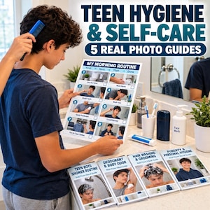 Può includere: Un set di cinque guide visive educative intitolate Teen Hygiene & Self-Care, con foto reali di routine mattutine, abitudini sotto la doccia, uso del deodorante, cura dei capelli e pubertà, stampate su carta bianca con testo blu.