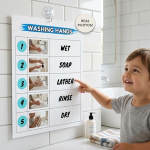 May include: A white rectangular wall chart titled WASHING HANDS with five numbered steps. Each step includes a small photograph and text: 1 WET, 2 SOAP, 3 LATHER, 4 RINSE, and 5 DRY. The chart features a blue brushstroke accent and a circular badge stating REAL PHOTOS.