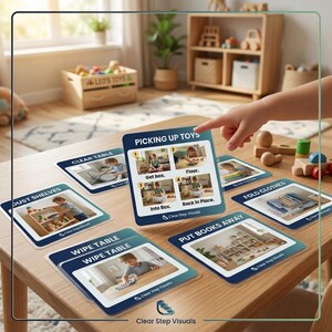 Op de afbeelding: Een set vierkante instructiekaarten met blauwe randen en witte tekst, met fotografische reeksen voor huishoudelijke taken zoals speelgoed opruimen, planken afstoffen, tafels afnemen, kleding vouwen en boeken opbergen door Clear Step Visuals.