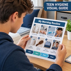 Peut inclure: Un guide visuel rectangulaire blanc intitulé Teen Hygiene Visual Guide et My Morning Routine. Il présente huit étapes numérotées avec des images et du texte : utiliser les toilettes, se laver les mains, se brosser les dents, se laver le visage, appliquer du déodorant, se coiffer, mettre des vêtements propres et vérification finale.